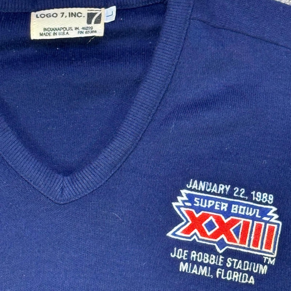 Vintage 1989 Logo 7 Super Bowl XXIII Joe Robbie V-Neck Sweatshirt USA L - Picture 4 of 9